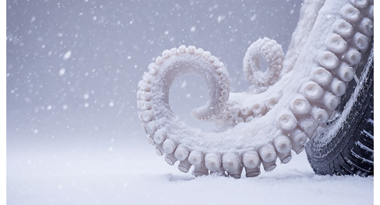 Oktopustentakel mit Saugnäpfen umschlingen ein Nissan Original Winterkomplettrad im Schnee – verdeutlicht den starken Grip der Winterreifen auf glatten, winterlichen Fahrbahnen.